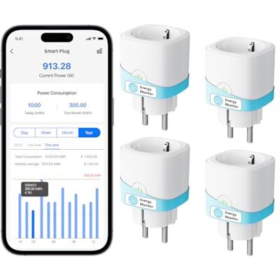 meross Tomada inteligente com monitor de energia 16A com medição de consumo, tomada Wi-Fi com controlo remoto e por voz, temporizador, smart plug compatível com Alexa, Google Home e SmartThings, 4 meross Tomada inteligente com monitor de energia 16A com medição de consumo, tomada Wi-Fi com controlo remoto e por voz, temporizador, smart plug compatível com Alexa, Google Home e SmartThings, 4