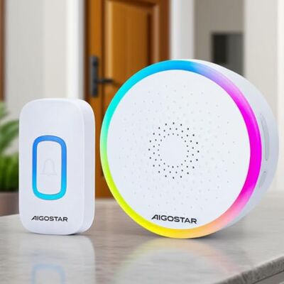 Aigostar Campainha sem fios RGB, campainha sem fios exterior impermeável, IP55, 5 níveis de volume (0-120 dB) e 60 melodias, campainha para idosos, casa, escritório, branco Aigostar Campainha sem fios RGB, campainha sem fios exterior impermeável, IP55, 5 níveis de volume (0-120 dB) e 60 melodias, campainha para idosos, casa, escritório, branco
