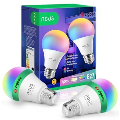 NOUS , ZigBee Lâmpada E27 LED Branco Quente, Lâmpada RGB Regulável com Controlo Remoto, Acessórios de Decoração, Compatível com Alexa, Home Assistant, M2QTT NOUS , ZigBee Lâmpada E27 LED Branco Quente, Lâmpada RGB Regulável com Controlo Remoto, Acessórios de Decoração, Compatível com Alexa, Home Assistant, M2QTT