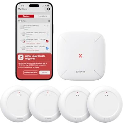 X-Sense Sensor de água Wi-Fi com aplicação, ultrafino, inclui Hub, Detector de água Wi-Fi com APP, inclui estação base SBS50, resistente à água IP67, para cozinha, casa de banho, porão X-Sense Sensor de água Wi-Fi com aplicação, ultrafino, inclui Hub, Detector de água Wi-Fi com APP, inclui estação base SBS50, resistente à água IP67, para cozinha, casa de banho, porão