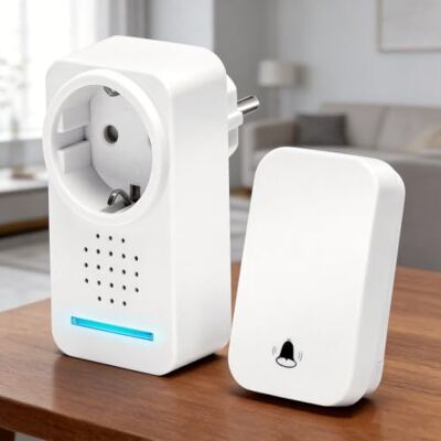 Aigostar Campainha sem fios com tomada, campainha de porta com autoalimentação, campainha sem fios exterior impermeável com indicadores LED, resistente à água, 30 melodias, 5 níveis de volume, branco Aigostar Campainha sem fios com tomada, campainha de porta com autoalimentação, campainha sem fios exterior impermeável com indicadores LED, resistente à água, 30 melodias, 5 níveis de volume, branco