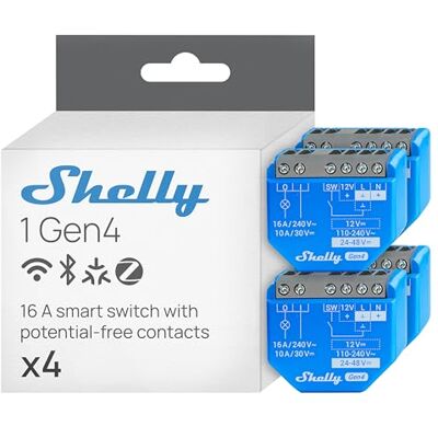 Shelly 1 Gen4 – Módulo de interruptor sem fios Matter, Zigbee e Wi-Fi, 1 canal 16A, contactos secos, relé de abertura de portas de garagem, controlo por aplicação e voz, Alexa, Google e Apple HomeKit Shelly 1 Gen4 – Módulo de interruptor sem fios Matter, Zigbee e Wi-Fi, 1 canal 16A, contactos secos, relé de abertura de portas de garagem, controlo por aplicação e voz, Alexa, Google e Apple HomeKit