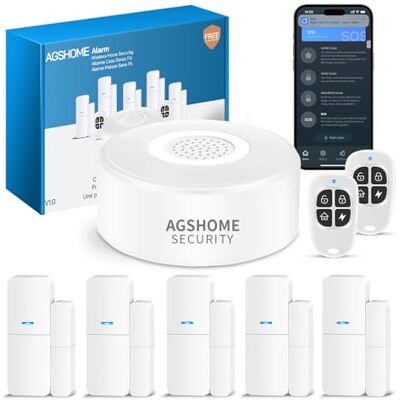 AGSHOME Alarme para casa, sistema de alarme para casa, antirroubo para casa sem fios com 1 sirene, 5 sensores para portas e janelas e 2 controlos remotos, através da aplicação, compatível com Alexa AGSHOME Alarme para casa, sistema de alarme para casa, antirroubo para casa sem fios com 1 sirene, 5 sensores para portas e janelas e 2 controlos remotos, através da aplicação, compatível com Alexa