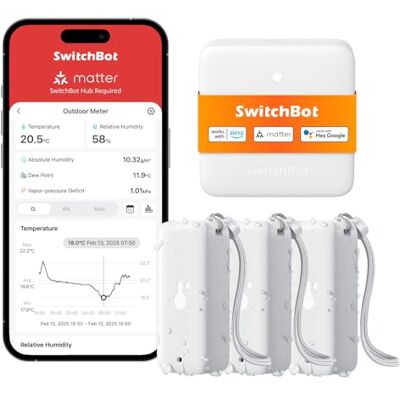 SwitchBot Termómetro Higrómetro WiFi 3-Pack c/Hub Mini Matter, IP65 impermeável, sensor de temperatura/humidade interior exterior, notificações da app, armazenamento de dados gratuitos, compatível com SwitchBot Termómetro Higrómetro WiFi 3-Pack c/Hub Mini Matter, IP65 impermeável, sensor de temperatura/humidade interior exterior, notificações da app, armazenamento de dados gratuitos, compatível com
