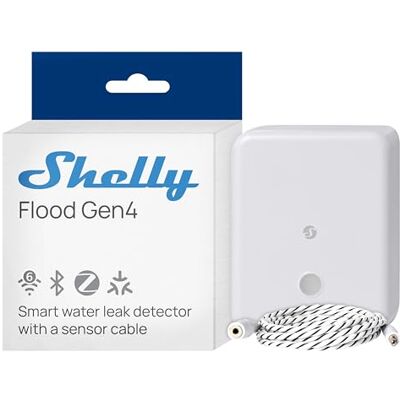 Shelly Flood Gen4 Detector de fugas de água Zigbee, Wi-Fi, Bluetooth e Matter, com cabo sensor de inundação de 2 m, IP44, alarme sonoro e notificações por App, compatível com Apple Home, Alexa, Google Shelly Flood Gen4 Detector de fugas de água Zigbee, Wi-Fi, Bluetooth e Matter, com cabo sensor de inundação de 2 m, IP44, alarme sonoro e notificações por App, compatível com Apple Home, Alexa, Google