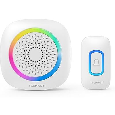 TECKNET Campainha sem fios funciona com pilhas, 400 m alcance RGB campainha sem fios exterior impermeável IP66, 5 níveis de volume (0-110 dB) e 60 melodias para casa/hotel/escritório/emergência, etc TECKNET Campainha sem fios funciona com pilhas, 400 m alcance RGB campainha sem fios exterior impermeável IP66, 5 níveis de volume (0-110 dB) e 60 melodias para casa/hotel/escritório/emergência, etc