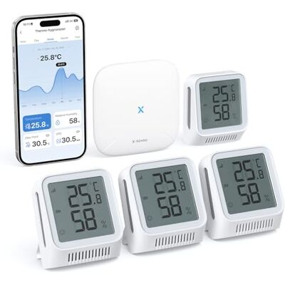X-Sense Termómetro digital com higrómetro interior, mini termómetro WIFI com aplicação App, zona de conforto adaptada, indicador sorridente, 4 sensores e 1 estação base, kit X-Sense Termómetro digital com higrómetro interior, mini termómetro WIFI com aplicação App, zona de conforto adaptada, indicador sorridente, 4 sensores e 1 estação base, kit