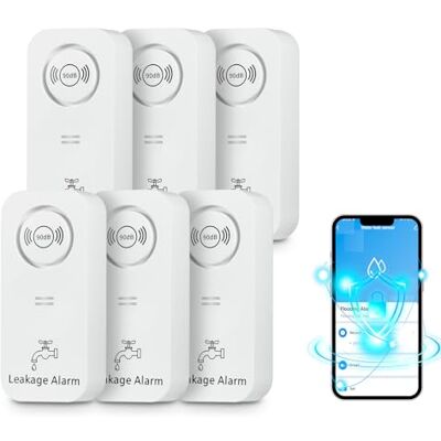 TOWODE Detector de fugas de água Wi-Fi (Wi-Fi de 2,4 G), 90 dB com sensor de água e alarme por aplicação, alarme de água sem fio, para tubos, quartos, cozinhas, casas de banho, porões (6 unidades) TOWODE Detector de fugas de água Wi-Fi (Wi-Fi de 2,4 G), 90 dB com sensor de água e alarme por aplicação, alarme de água sem fio, para tubos, quartos, cozinhas, casas de banho, porões (6 unidades)