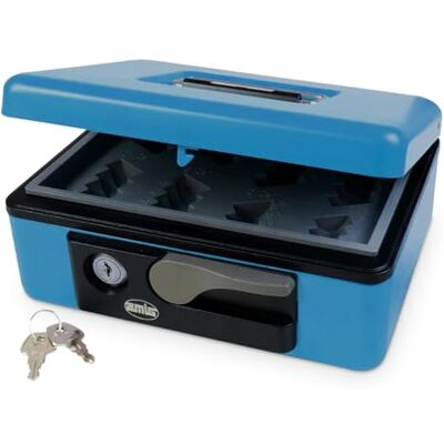 Amig Caixa de dinheiro cofre para dinheiro, notas e moedas com bandeja para moedas e 2 chaves cor azul, aço 230 x 185 x 80 mm Amig Caixa de dinheiro cofre para dinheiro, notas e moedas com bandeja para moedas e 2 chaves cor azul, aço 230 x 185 x 80 mm