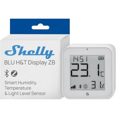 Shelly BLU H&T Display ZB Blanco – Sensor de temperatura y humedad inteligente, Bluetooth y Zigbee, Monitor termómetro e higrómetro de interior, Compatible con Alexa, Google, Control con app Shelly BLU H&T Display ZB Blanco – Sensor de temperatura y humedad inteligente, Bluetooth y Zigbee, Monitor termómetro e higrómetro de interior, Compatible con Alexa, Google, Control con app