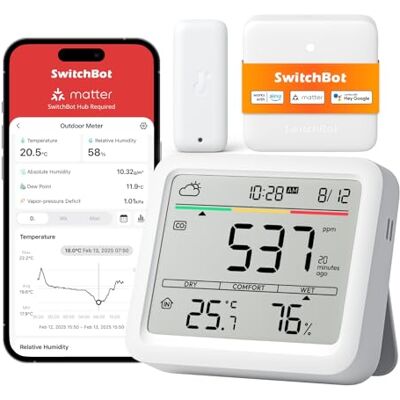 SwitchBot Detector de CO2 WiFi, medidor de CO2 com termómetro IP65, higrômetro e concentrador mini, medidor de qualidade do ar com alarme de CO2, sensor Bluetooth de CO2 com aplicação, 2 anos de SwitchBot Detector de CO2 WiFi, medidor de CO2 com termómetro IP65, higrômetro e concentrador mini, medidor de qualidade do ar com alarme de CO2, sensor Bluetooth de CO2 com aplicação, 2 anos de