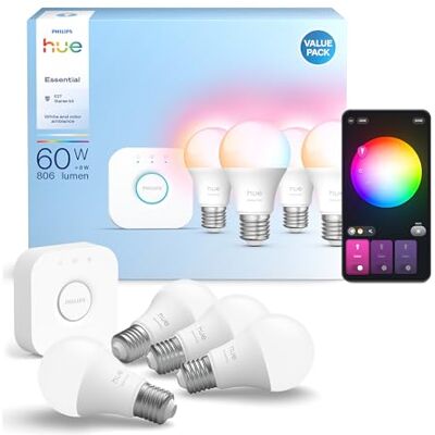 Philips Kit Inicial Hue Essentials: Hue Bridge + 4 lâmpadas LED inteligentes E27, Luz Branca e Cores, regulável 2200-6500 K, compatível com Alexa, Google Assistant, Samsung SmartThings e Apple Home Philips Kit Inicial Hue Essentials: Hue Bridge + 4 lâmpadas LED inteligentes E27, Luz Branca e Cores, regulável 2200-6500 K, compatível com Alexa, Google Assistant, Samsung SmartThings e Apple Home