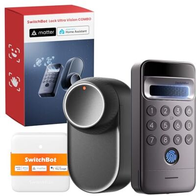 SwitchBot Fechadura ultra inteligente com Wi-Fi com teclado Vision Pro, reconhecimento facial e da palma da mão em 3D, desbloqueio sem contacto, cilindros de perfil europeu, Matter, Alexa, Google e SwitchBot Fechadura ultra inteligente com Wi-Fi com teclado Vision Pro, reconhecimento facial e da palma da mão em 3D, desbloqueio sem contacto, cilindros de perfil europeu, Matter, Alexa, Google e