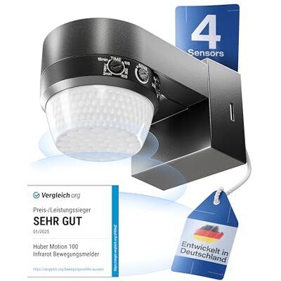 HUBER Motion 100 Detector de movimento por infravermelhos (360°, com 4 sensores e lente Fresnel, IP65, adequado para LED, inclui proteção contra arrasto e limitação de área, montagem em parede/teto HUBER Motion 100 Detector de movimento por infravermelhos (360°, com 4 sensores e lente Fresnel, IP65, adequado para LED, inclui proteção contra arrasto e limitação de área, montagem em parede/teto