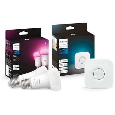 Philips Pack de 2 lâmpadas LED inteligentes E27 Hue Bridge, luz branca e colorida, regulável, 800 lm, 9 W, controlo por voz e aplicativo, compatível com Alexa, Google Home, Samsung SmartThings, Apple Home Philips Pack de 2 lâmpadas LED inteligentes E27 Hue Bridge, luz branca e colorida, regulável, 800 lm, 9 W, controlo por voz e aplicativo, compatível com Alexa, Google Home, Samsung SmartThings, Apple Home