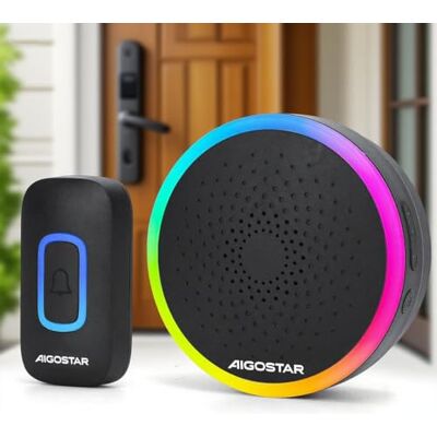 Aigostar Campainha sem fios RGB, campainha sem fios exterior impermeável, IP55, 5 níveis de volume (0-120 dB) e 60 melodias, campainha para idosos, casa, escritório, preto Aigostar Campainha sem fios RGB, campainha sem fios exterior impermeável, IP55, 5 níveis de volume (0-120 dB) e 60 melodias, campainha para idosos, casa, escritório, preto