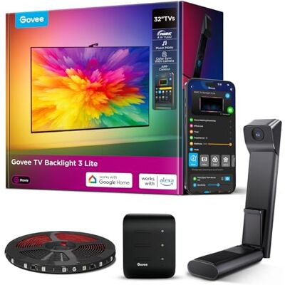 Govee LED TV RGBWIC retroiluminação 3 Lite, 1,8 m para TV de 32" Mini câmara com correção de olho de peixe, contas 4 em 1, compatível com Google Assistant e Alexa, controlo por voz e APP Govee LED TV RGBWIC retroiluminação 3 Lite, 1,8 m para TV de 32" Mini câmara com correção de olho de peixe, contas 4 em 1, compatível com Google Assistant e Alexa, controlo por voz e APP