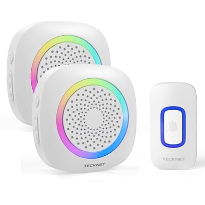 TECKNET Campainha sem fios com pilhas, Campainha sem fios exterior impermeável RGB IP66 com 2 receptores, alcance de 400 m, 5 níveis de volume e 60 melodias para casa, hotel, escritório, emergência Timbre Portátil, Alcance de Recepción de 400M, IP66, 60 TECKNET Campainha sem fios com pilhas, Campainha sem fios exterior impermeável RGB IP66 com 2 receptores, alcance de 400 m, 5 níveis de volume e 60 melodias para casa, hotel, escritório, emergência Timbre Portátil, Alcance de Recepción de 400M, IP66, 60
