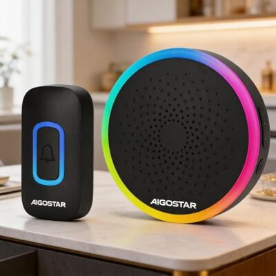 Aigostar Campainha sem fios RGB, campainha sem fios exterior impermeável sem pilhas, IP55, 5 níveis de volume (0-120 dB) e 60 melodias, campainha para idosos, casa, escritório, preto Aigostar Campainha sem fios RGB, campainha sem fios exterior impermeável sem pilhas, IP55, 5 níveis de volume (0-120 dB) e 60 melodias, campainha para idosos, casa, escritório, preto