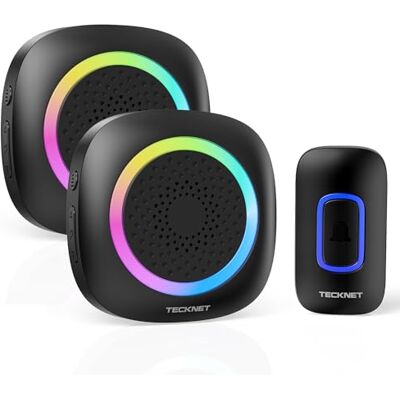 TECKNET Campainha sem fios exterior, RGB campainha sem fios exterior impermeável IP66 com 2 receptores, 400 m Âmbito, 5 níveis de volume e 60 melodias, Doorbell ao estilo da bateria, portátil Timbre Portátil, Alcance de Recepción de 400M, IP66, 60 Tonos TECKNET Campainha sem fios exterior, RGB campainha sem fios exterior impermeável IP66 com 2 receptores, 400 m Âmbito, 5 níveis de volume e 60 melodias, Doorbell ao estilo da bateria, portátil Timbre Portátil, Alcance de Recepción de 400M, IP66, 60 Tonos