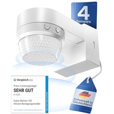 HUBER Motion 100 Detector de movimento por infravermelhos (360°, com 4 sensores e lente Fresnel, IP65, adequado para LED, inclui proteção contra arrasto e limitação de área, montagem na parede/teto HUBER Motion 100 Detector de movimento por infravermelhos (360°, com 4 sensores e lente Fresnel, IP65, adequado para LED, inclui proteção contra arrasto e limitação de área, montagem na parede/teto