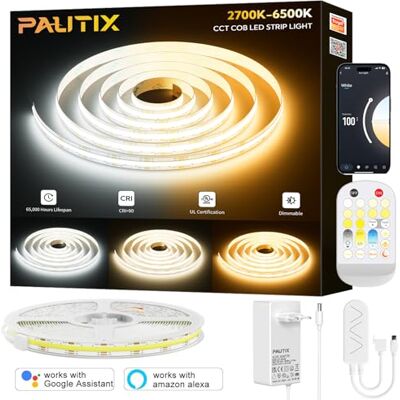 PAUTIX Smart WIFI Fita LED COB CCT 5M, Regulável CCT 2700K-6500K Fita LED COB, Inteligente Funciona com Alexa e Google Assistente para Armário de Cozinha, Quarto, TV PAUTIX Smart WIFI Fita LED COB CCT 5M, Regulável CCT 2700K-6500K Fita LED COB, Inteligente Funciona com Alexa e Google Assistente para Armário de Cozinha, Quarto, TV