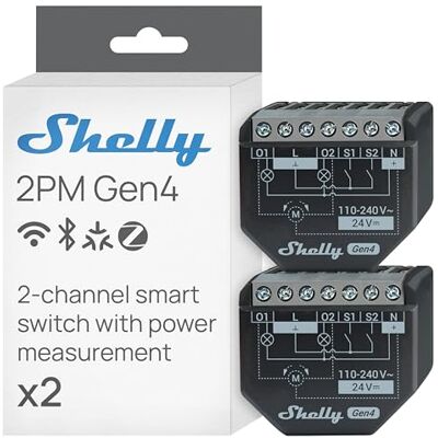 Shelly 2PM Gen4 – Módulo de interruptor de persianas com Matter, Zigbee, Wi-Fi, 2 canais 8A, Medição de consumo elétrico, Controlo sem fios por app e voz Alexa, Google, Apple HomeKit 2 Peças Shelly 2PM Gen4 – Módulo de interruptor de persianas com Matter, Zigbee, Wi-Fi, 2 canais 8A, Medição de consumo elétrico, Controlo sem fios por app e voz Alexa, Google, Apple HomeKit 2 Peças