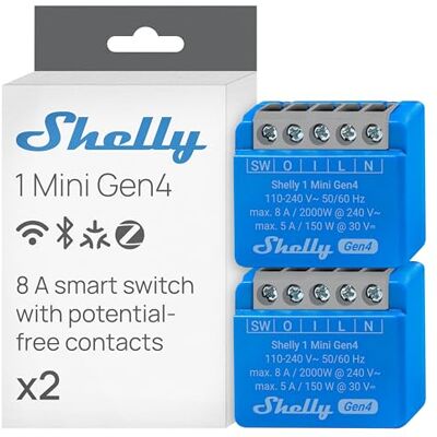 Shelly 1 Mini Gen4 – Módulo de interruptor sem fios Matter, Zigbee e Wi-Fi, 1 canal 8 A, contactos secos, relé de luz, controlo por aplicação e voz Alexa, Google e Apple HomeKit 2 peças Shelly 1 Mini Gen4 – Módulo de interruptor sem fios Matter, Zigbee e Wi-Fi, 1 canal 8 A, contactos secos, relé de luz, controlo por aplicação e voz Alexa, Google e Apple HomeKit 2 peças