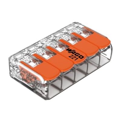 WAGO , Bloco de terminais de alavanca série 221, embalagem de 5, 5 entradas, compatível com cabos rígidos, semi-rígidos e flexíveis de 0,14 a 4 mm², tensão 450 V, corrente 32 A WAGO , Bloco de terminais de alavanca série 221, embalagem de 5, 5 entradas, compatível com cabos rígidos, semi-rígidos e flexíveis de 0,14 a 4 mm², tensão 450 V, corrente 32 A