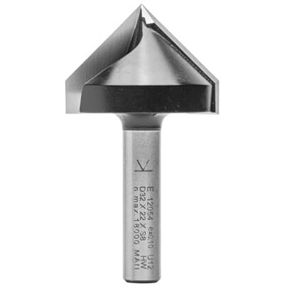 ENT Morango para ranhuras em V e letras, em carboneto, haste (S) de 8 mm, diâmetro (D) de 32 mm, NL 22 mm, E 90°, SL 32 mm ENT Morango para ranhuras em V e letras, em carboneto, haste (S) de 8 mm, diâmetro (D) de 32 mm, NL 22 mm, E 90°, SL 32 mm