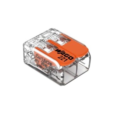 WAGO , Terminal de alavanca 221, embalagem de 10, 2 entradas, compatível com cabos rígidos, semi-rígidos e flexíveis de 0,14 a 4 mm², tensão 450 V, 32 A, comprimento de descarnação 1 mm, instalação rápida WAGO , Terminal de alavanca 221, embalagem de 10, 2 entradas, compatível com cabos rígidos, semi-rígidos e flexíveis de 0,14 a 4 mm², tensão 450 V, 32 A, comprimento de descarnação 1 mm, instalação rápida
