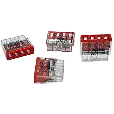 WAGO 2273-204 Terminais de terminais compactos (0,5 a 2,5 mm², 4 pinos, transparente/vermelho WAGO 2273-204 Terminais de terminais compactos (0,5 a 2,5 mm², 4 pinos, transparente/vermelho