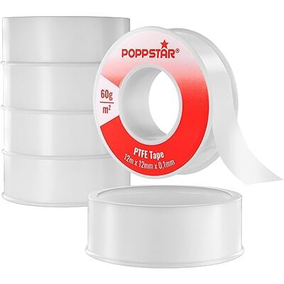 POPPSTAR Fita de teflon DVGW 12 m x 12 mm x 0,1 mm (fita de vedação de PTFE de 60 g/m², FRp para roscas finas, adequada para água potável), 5 rolos POPPSTAR Fita de teflon DVGW 12 m x 12 mm x 0,1 mm (fita de vedação de PTFE de 60 g/m², FRp para roscas finas, adequada para água potável), 5 rolos