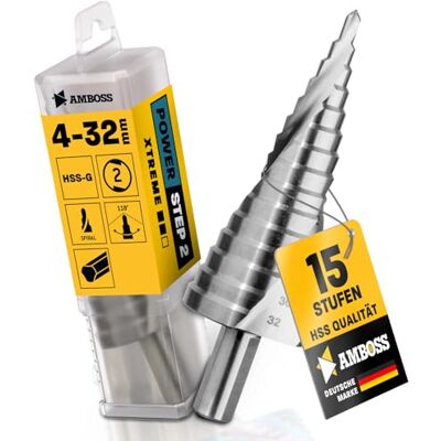 Amboss Werkzeuge Broca escalonada Ø 4-32 mm / 15 etapas, broca cónica / 10 mm de haste / broca profissional de metal cónico HSS / Amboss PowerStep 2 / broca adequada para aço, alumínio, plástico, acrílico Amboss Werkzeuge Broca escalonada Ø 4-32 mm / 15 etapas, broca cónica / 10 mm de haste / broca profissional de metal cónico HSS / Amboss PowerStep 2 / broca adequada para aço, alumínio, plástico, acrílico
