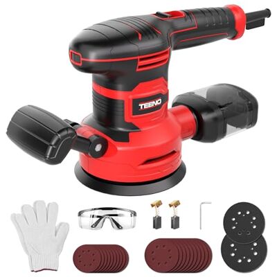 TEENO Lixadeira orbital de 450 W, 6 velocidades, 13000 RPM, Ø 125/150 mm, 20 discos abrasivos, recolha de pó, cabo de 2 m, com óculos e luvas, para madeira, metal, plástico TEENO Lixadeira orbital de 450 W, 6 velocidades, 13000 RPM, Ø 125/150 mm, 20 discos abrasivos, recolha de pó, cabo de 2 m, com óculos e luvas, para madeira, metal, plástico
