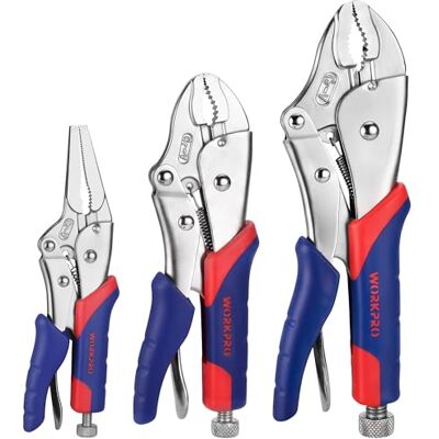 WORKPRO 3 peças conjunto de alicates de bloqueio pinças de pressão aço Cr-V, mandíbula curva de 18 cm e 25 cm, mandíbula reta de 16,5 cm WORKPRO 3 peças conjunto de alicates de bloqueio pinças de pressão aço Cr-V, mandíbula curva de 18 cm e 25 cm, mandíbula reta de 16,5 cm