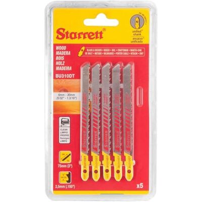 Starrett , Blister de 5 lâminas de serra de recortes bimetal exclusivo, madeira especial, amarelo, 75 mm 4D BU36T-5 Starrett , Blister de 5 lâminas de serra de recortes bimetal exclusivo, madeira especial, amarelo, 75 mm 4D BU36T-5