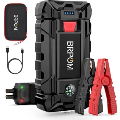 BRPOM Arrancador de carros, 9000A Acionador de baterias de carro de 12 V (para 8,0 L de gasolina ou 6,5 L de gasolina), Jump Starter portátil, carregamento rápido QC3.0, espera longa BRPOM Arrancador de carros, 9000A Acionador de baterias de carro de 12 V (para 8,0 L de gasolina ou 6,5 L de gasolina), Jump Starter portátil, carregamento rápido QC3.0, espera longa