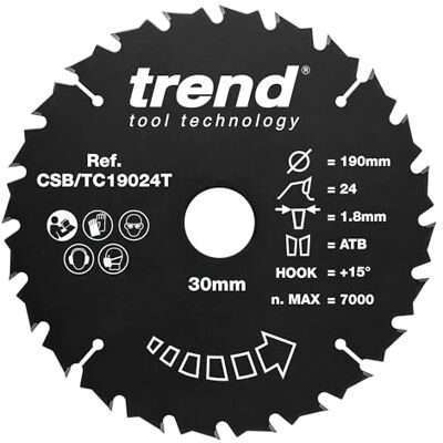 Trend Lâmina de serra circular sem fios para madeira, diâmetro de 190 mm, 30 mm de orifício, 24 dentes, metal duro (TCT), 1,8 mm de corte, 15 ° de ângulo, Trend Lâmina de serra circular sem fios para madeira, diâmetro de 190 mm, 30 mm de orifício, 24 dentes, metal duro (TCT), 1,8 mm de corte, 15 ° de ângulo,