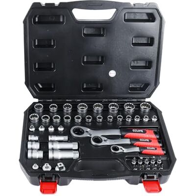 CCLIFE Conjunto de chaves de copo passantes de 47 peças, conjunto métrico com catraca, adaptadores e pontas de aço CrV, conjunto de ferramentas para carro, mecânica e bricolage CCLIFE Conjunto de chaves de copo passantes de 47 peças, conjunto métrico com catraca, adaptadores e pontas de aço CrV, conjunto de ferramentas para carro, mecânica e bricolage