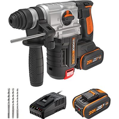 WORX Martelo 4F Sem Escovas 2,2 J 20 V 2 Bat 4Ah Força de ataque de 2,2 J, perfuração de cimento de até 24 mm e compatível com PowerShare WORX Martelo 4F Sem Escovas 2,2 J 20 V 2 Bat 4Ah Força de ataque de 2,2 J, perfuração de cimento de até 24 mm e compatível com PowerShare