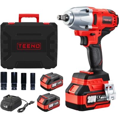 TEENO Chave de impacto sem fios sem escovas de 1/2", 600 Nm, 20 V, com 2 pilhas de 4000 mAh, aparafusadora de impacto com 4 boquilhas de impacto (17/19/21/22 mm), para automóvel e uso TEENO Chave de impacto sem fios sem escovas de 1/2", 600 Nm, 20 V, com 2 pilhas de 4000 mAh, aparafusadora de impacto com 4 boquilhas de impacto (17/19/21/22 mm), para automóvel e uso