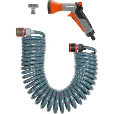 Gardena Conjunto de mangueira espiral (10 m): mangueira em forma de espiral para regar e irrigar pequenas superfícies, força de recuperação, diâmetro 9 mm, com peças do sistema e chuveiro (4647-20) Gardena Conjunto de mangueira espiral (10 m): mangueira em forma de espiral para regar e irrigar pequenas superfícies, força de recuperação, diâmetro 9 mm, com peças do sistema e chuveiro (4647-20)