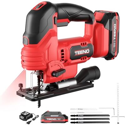 TEENO serra de recortes bateria Makita de 20 V 2 x 2,0 Ah, caladoras para madeira com laser, 800-3000 SPM, 5 lâminas, corte ± 45°, 6 VELOCIDADES, LED, corte de metal, madeira, plástico TEENO serra de recortes bateria Makita de 20 V 2 x 2,0 Ah, caladoras para madeira com laser, 800-3000 SPM, 5 lâminas, corte ± 45°, 6 VELOCIDADES, LED, corte de metal, madeira, plástico