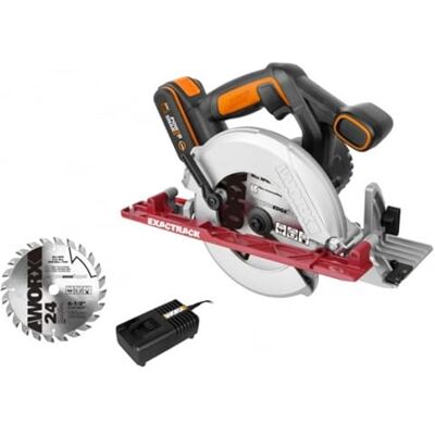 WORX Serra circular Exactrack 20 V PowerShare, bateria de 2 Ah, corte em bisel até 50 graus, base de alumínio, bloqueio do fuso, preto WORX Serra circular Exactrack 20 V PowerShare, bateria de 2 Ah, corte em bisel até 50 graus, base de alumínio, bloqueio do fuso, preto