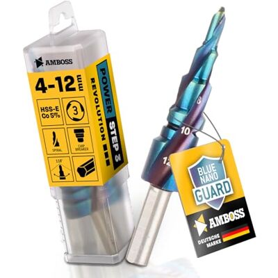 Amboss Werkzeuge Broca escalonada de 4 a 12 mm de diâmetro, 5 níveis, broca cónica para metal, HSS E Co 5%, bigorna PowerStep 3 TiAlSiN Blue Nano Guard/aço, aço inoxidável, alumínio, plástico, vidro acrílico Amboss Werkzeuge Broca escalonada de 4 a 12 mm de diâmetro, 5 níveis, broca cónica para metal, HSS E Co 5%, bigorna PowerStep 3 TiAlSiN Blue Nano Guard/aço, aço inoxidável, alumínio, plástico, vidro acrílico