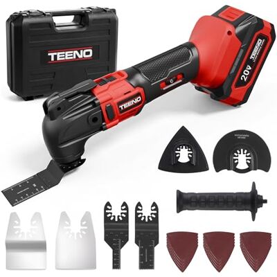 TEENO Multiferramentas oscilantes, ferramenta multifunções sem fios 20 V bateria de 4,0 Ah, motor sem escovas com luz LED, 6 velocidades, 8500 21000 RPM, carregador e acessórios para cortar, lixar e polir TEENO Multiferramentas oscilantes, ferramenta multifunções sem fios 20 V bateria de 4,0 Ah, motor sem escovas com luz LED, 6 velocidades, 8500 21000 RPM, carregador e acessórios para cortar, lixar e polir