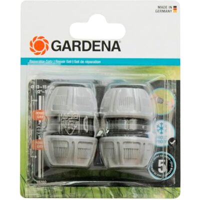 Gardena Conjunto de reparação de 13 mm (1/2") e 15 mm (5/8"): a mangueira é facilmente reparada sem ferramentas, pega, porca de fixação de forma especial () Gardena Conjunto de reparação de 13 mm (1/2") e 15 mm (5/8"): a mangueira é facilmente reparada sem ferramentas, pega, porca de fixação de forma especial ()
