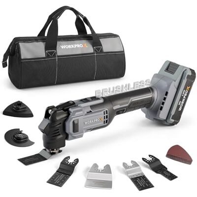 WORKPRO X Multiferramenta oscilante a bateria 20 V com motor sem escovas 6 velocidades, oscilação de 3,6°, bateria incluída, 22 acessórios e saco, para cortar, raspar e lixar WORKPRO X Multiferramenta oscilante a bateria 20 V com motor sem escovas 6 velocidades, oscilação de 3,6°, bateria incluída, 22 acessórios e saco, para cortar, raspar e lixar
