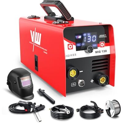VECTOR WELDING Máquina de solda de fio sem gás 130A, soldador MIG MMA Soldagem com eletrodo, tecnologia IGBT, ecrã LED digital, inclui capacete de soldagem e fio tubular de 1,0 mm VECTOR WELDING Máquina de solda de fio sem gás 130A, soldador MIG MMA Soldagem com eletrodo, tecnologia IGBT, ecrã LED digital, inclui capacete de soldagem e fio tubular de 1,0 mm